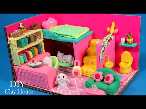 Miniature House DIY : Waste Cardboard + Air Dry Clay = Cute Miniature Room    With Lots of Details