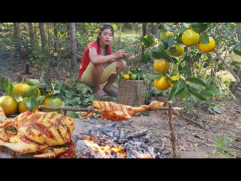 Adventure in forest: Duck spicy roast and Pick oranges for food in jungle - Survival cooking
