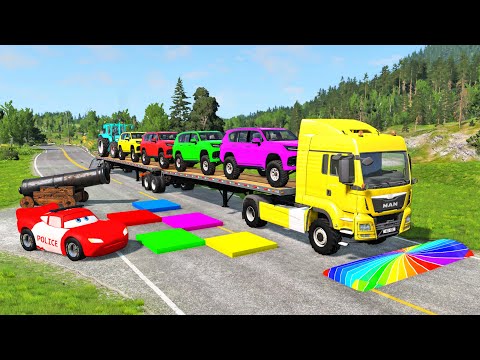 Flatbed Truck McQueen | Transportation with Truck - Pothole vs Car #57 | BeamNG.Drive Gameplay