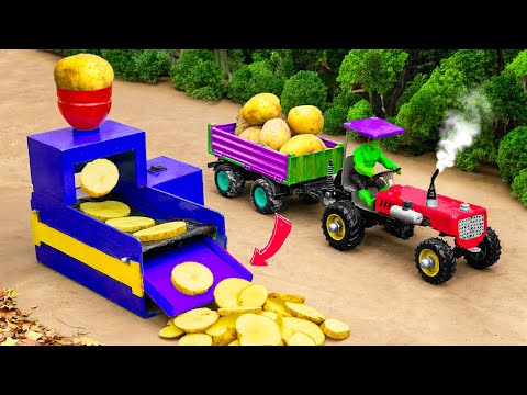 diy mini Potatoes Chip Cutting Machine | Homemade tractor mini Bulldozer transporting Potatoes