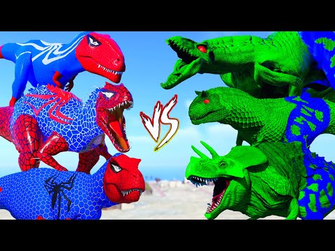 ALL BIG RED SPIDER-MAN VS ALL BIG GREEN HULK Superhero Dinosaurs Battle - Jurassic World Pro Team 8