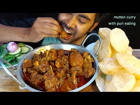 spicy mutton karai masala soft puri luchi eating show spicy mutton gravy salad luchi eating show