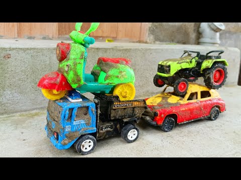 Muddy Mahindra Tractor, Scooter, Tata Truck, Jump River Muddy Cleaning | Tractor Video | Muddy Toys