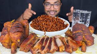 ASMR EATING SPICY BLACK NOODLES FULL CHICKEN TANDOORI AND MEAT STEAK, FOOD EATING SHOW, MUKBANG