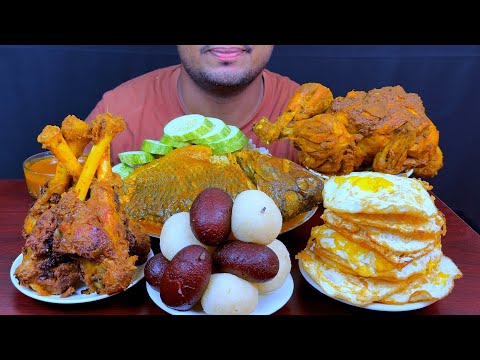 Eating Spicy Mutton Curry, Roshgollah, EggOmllette, Whole Chicken Curry with whole Fish Curry & Rice