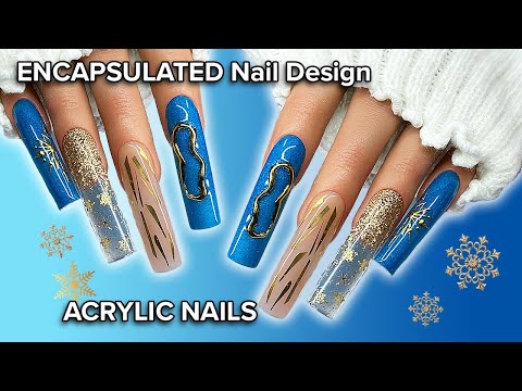 Blue + Gold Snowflake Chrome Acrylic Nails | LONG Square Nail Design | Glitter Planet