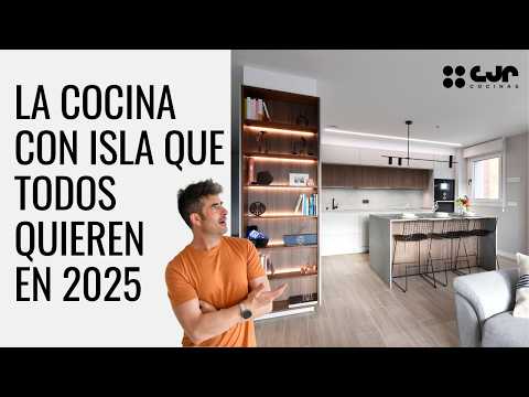 Cocina Abierta con ISLA GRIS y MADERA Cocinas CJR