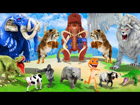 10 Zombie Lion Crocodile Dinosaur vs 10 Gaint Elephant Cow Gorilla Baby Elephant Animal Cartoon Figh