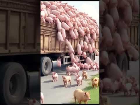 Group of pigs jumping and run out from  a truck transporting