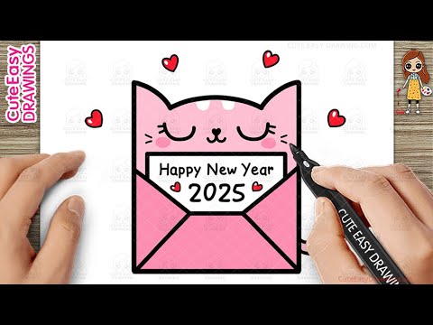 How to Draw a Cute Cat Happy New Year 2025 Card - Easy Drawing and Coloring for Kids and Toddlers