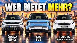 Škoda Epiq vs. Kia EV2 vs. Toyota Urban Cruiser: Wer bietet am meisten fürs Geld?