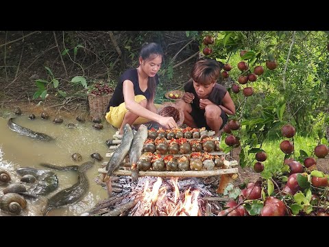 Catch Catfish with Snail and pick Cherries fruit for survival food, Cooking and eat in forest