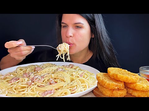 CREAMY BACON SPAGHETTI & HASH BROWNS | MUKBANG | ASMR | EATING SOUNDS