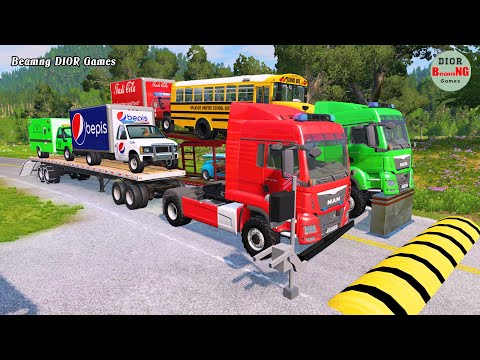 Double Flatbed Trailer Truck vs speed bumps|Busses vs speed bumps|Beamng Drive|1157