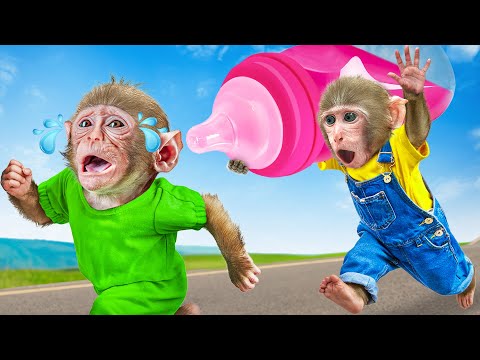 KiKi Monkey pretend Take Care of Baby by Giant Milk Bottle and Chase Adventure | KUDO ANIMAL KIKI