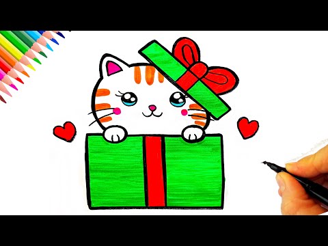 Kutudan Çıkan Sevimli Kedi Çizimi - Kolay Çizimler - Kedi Çizimleri - Yeni Yıl Çizimleri - Cat Draw