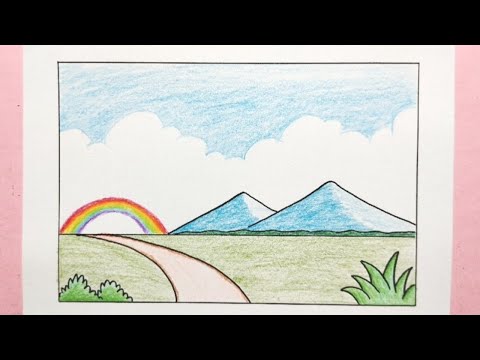 Cara menggambar pemandangan alam pelangi - How to draw scenery for beginners