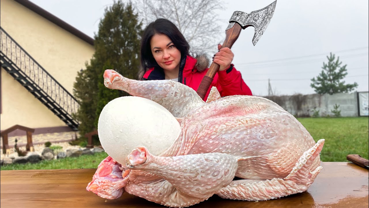 Fat 15kg Turkey with an Ostrich egg inside! Somehow I shoved it into the oven