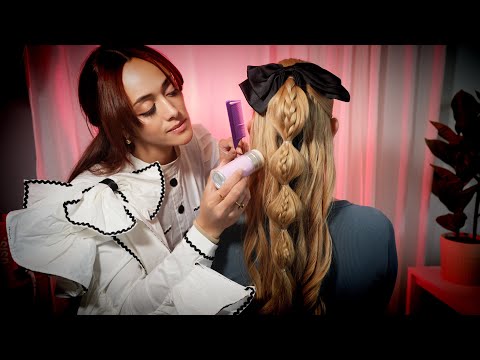 ASMR Perfectionist Hairstyling Curly Half-Up Bow Bubble Braid | Brushing, Curling, Wax Soft Spoken