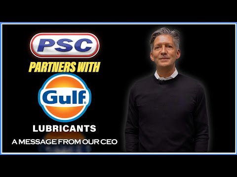 PSC CEO in front of dark background next to PSC & Gulf logos