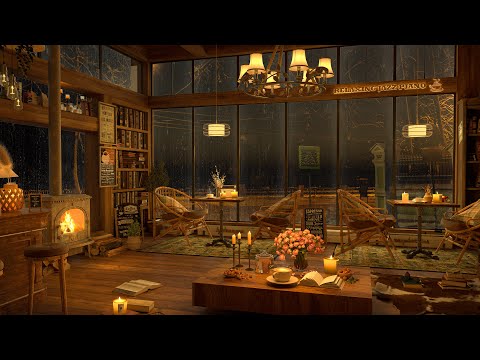 Cozy Coffee Shop 4K with Gentle Night Rain ☕ Smooth & Jazz Music For Relax/Study/Work to