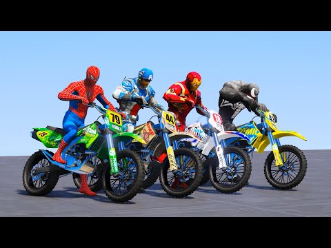 SPIDERMAN BIKE Race Challenge on MEGA LAKE Rampa! Iron Man & Captain America NEW EPIC Race -GTA 5