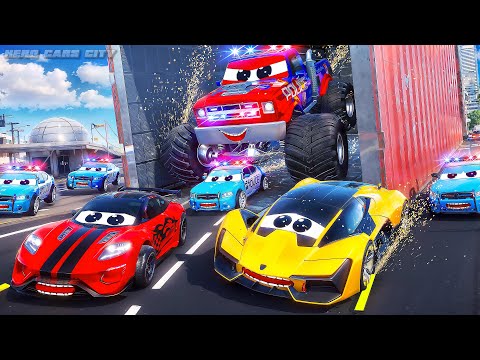 Wild Monster Police Truck Leads Epic Chase! Super Cars vs. Police Cars | Hero Cars Episode