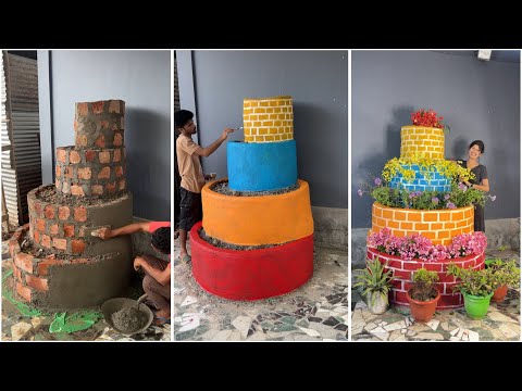 Dekho kaise banaya colourful flower tower! 🌸🌈 Watch This Old Bricks Turn Into a Stunning Flower Cake