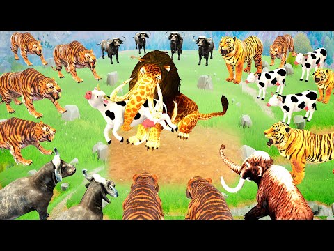 5 Giant Mammoth Elephant Gorilla Vs 5 Tiger Monster Lion Attack Cow Buffalo Saved by Woolly Mammoth