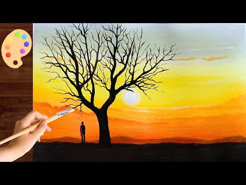 Como Pintar uma Paisagem no Por do Sol com Árvore seca