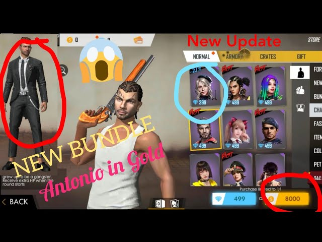 Download Upcoming Latest Update Of Free Fire New Bundle Antonio In Gold Laura Character In Store Coming Youtube Youtube Thumbnail Create Youtube