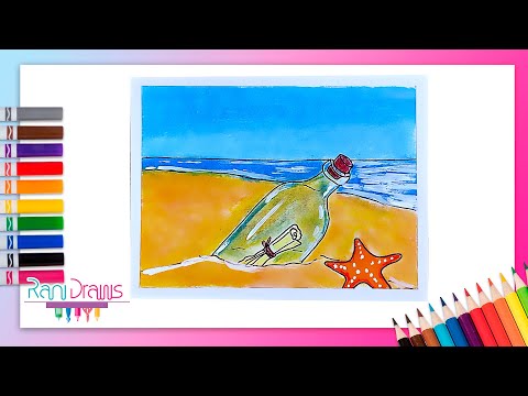 Cómo Dibujar un PAISAJE de PLAYA con una Botella | Dibujos fáciles Paso a Paso