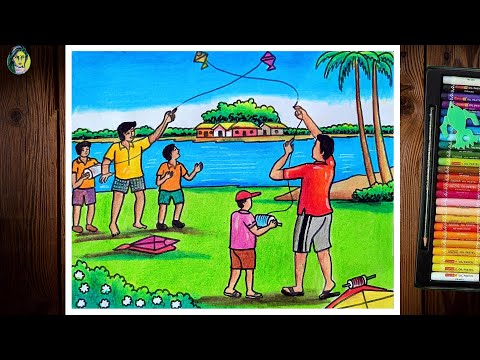 Kite Flying Scenery Drawing Easy | Kite Festival Drawing | Makar Sankranti Drawing Step By Step