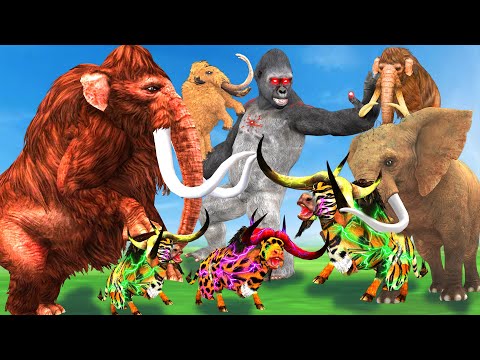 10 Mammoth Elephants vs 5 Saber tooth Tiger Lion Fight Cow Baby Elephant Saved by Woolly Mammoth