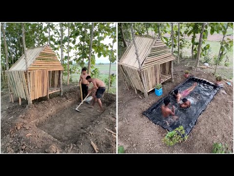 Build Swimming Pool Around Bamboo House ! Unbelievable#bamboohouse #swimmingpool #fun #trend