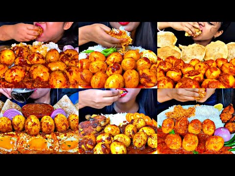 ASMR EATING SPICY EGG CURRY WITH RICE, PARATHA, PURI | BEST INDIAN FOOD MUKBANG |Foodie India|