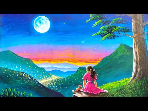 Painting of moonlight on mountains scenery | painting 559