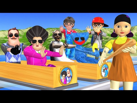 Scary Teacher 3D Trying Glass Bridge Challenge Nick and Tani vs Miss T vs 3 Neighbor vs Squid Game