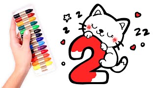 Aprende y Colorea el NÚMERO 2 con un GATITO kawaii 2️⃣🐱 Dibujos fáciles
