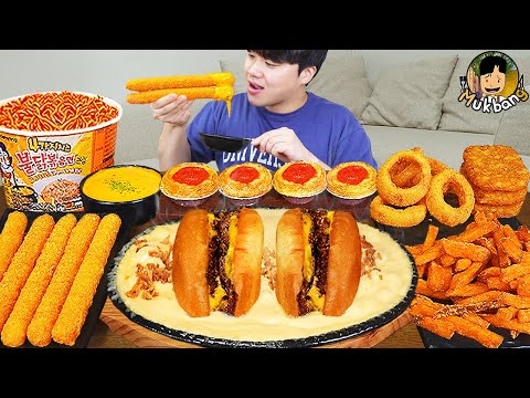 ASMR MUKBANG 직접 만든 치즈 햄버거 치즈스틱 불닭볶음면 시카고피자 먹방 & 레시피 FIRE NOODLES AND BURGER EATING SOUND!