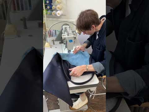 Creating a tote bag with indigo dyed leather , now sold out 😍 #handmade #sewing #bag #totebag