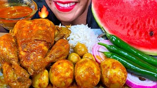 ASMR SPICY WHOLE CHICKEN CURRY, EGG CURRY, RICE, WATERMELON MUKBANG MASSIVE Eating Sounds