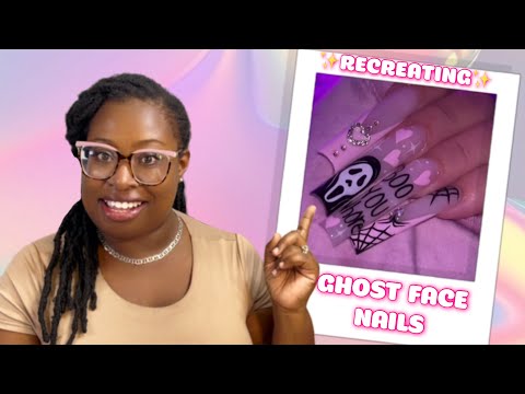 Recreating Pink Halloween Ghost Face Scream Inspired Nail Art on XL Acrylic Nails