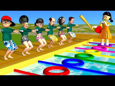 Scary Teacher 3D vs Squid Game Swimming Race Outdoor 100M Challenge Who Faster Water Spray and Cage