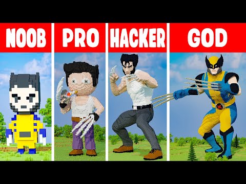 WOLVERINE MINECRAFT STATUE BUILD CHALLENGE - NOOB vs PRO vs HACKER vs GOD