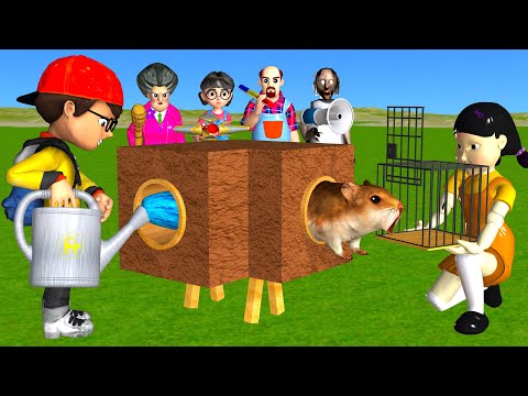 Scary Teacher 3D vs Squid Game Trying Catch Rodent Mouse in Wooden Pipe to Cage 5 Times Challenge