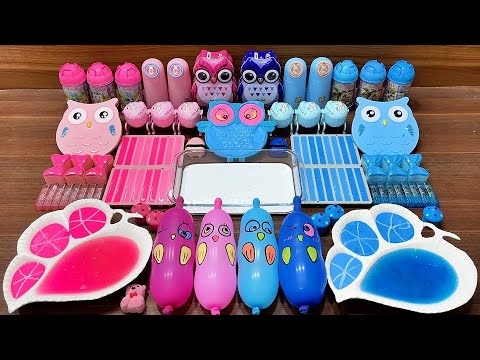 Mixing PINK vs BLUE Owl Balloon Slime | Glossy Clay Slime ASMR #47