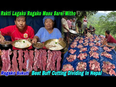 140KG BUFFALO MEAT CUTTING & DIVIDING IN VILLAGE NEPAL | BUFFALO BLOOD CURRY RECIPE | RAGAKO SUKUTI