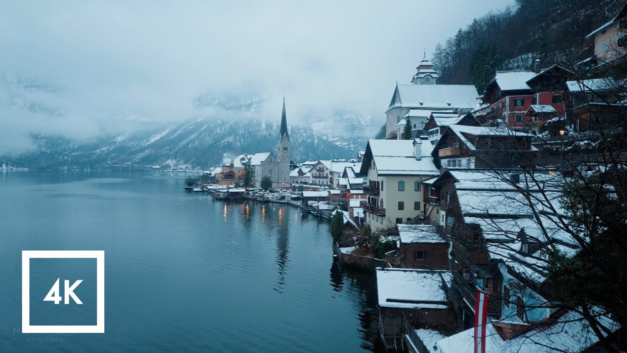 Snowy Walk in Hallstatt, Austria, Morning Binaural Winter Sounds