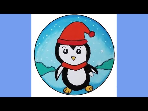 Scenery Drawing | How To Draw Easy Baby Pingguin With Oil Pastels